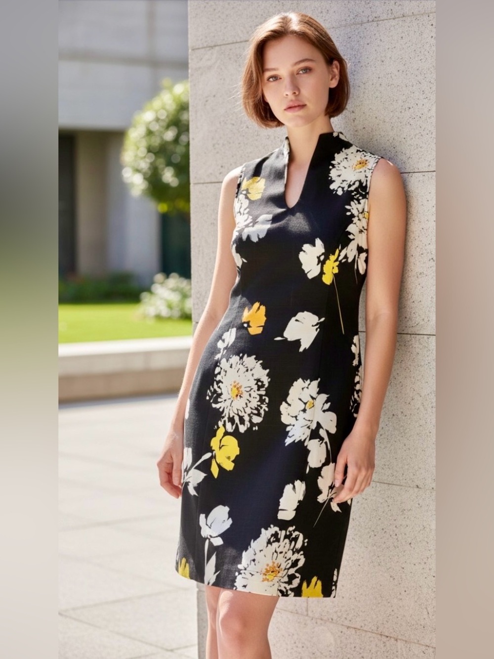 Floral Sheath Dress with Notch Neck - Black & Yellow